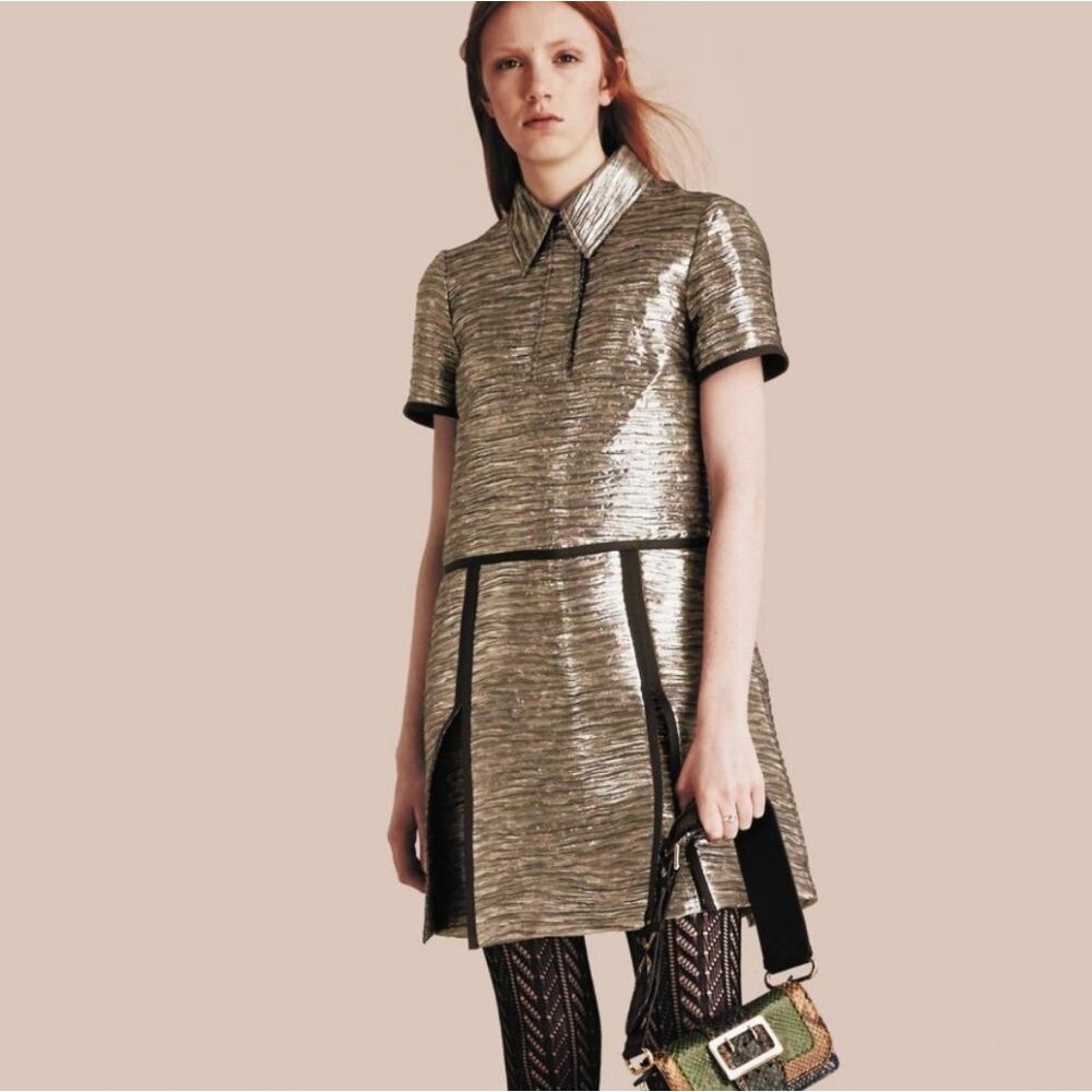 Burberry Metallic Pleated Floral Print Mini Dress Rare! Short Sleeves Women's 2